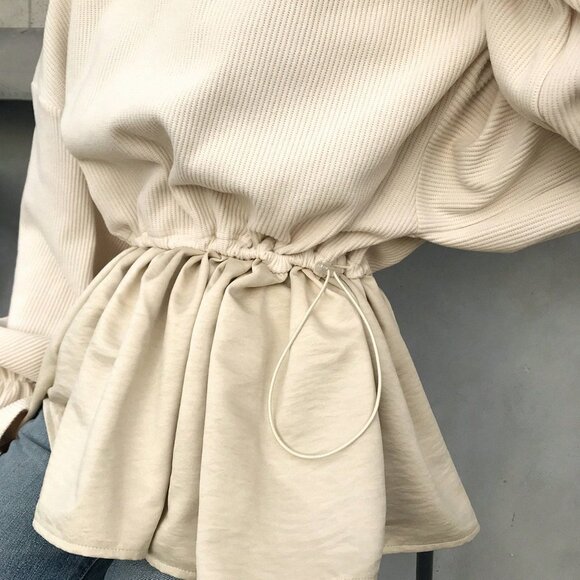 Black Casual Women's Contrast Patchwork Drawstring Waist Long Sleeve T-Shirt - Picture 5 of 8